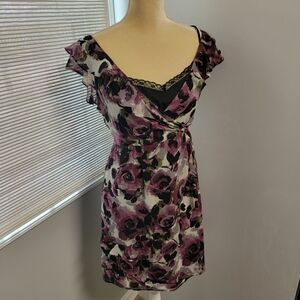 ELLE Faux Wrap Floral Roses Midi Dress 2 Piece With Slip Ruffle EUC Size Small